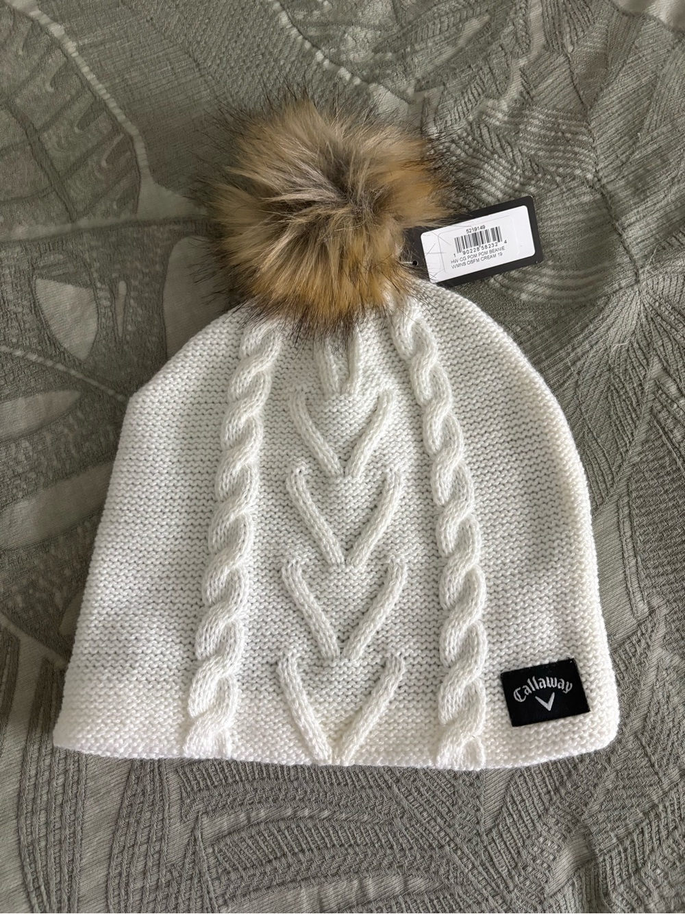 Callaway White Cable Knit Beanie with Brown Faux Fur Pom